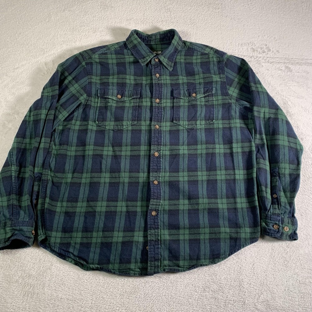 Eddie Bauer Shirt Mens Large Green Blue Plaid Flannel Button Front Casual L‎